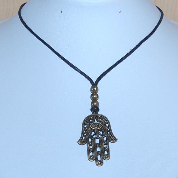 Hamsa Hand Necklace,Bronze Hamsa Hand,Black Cord Necklace,Choker Necklace,Man - Picture 1 of 3